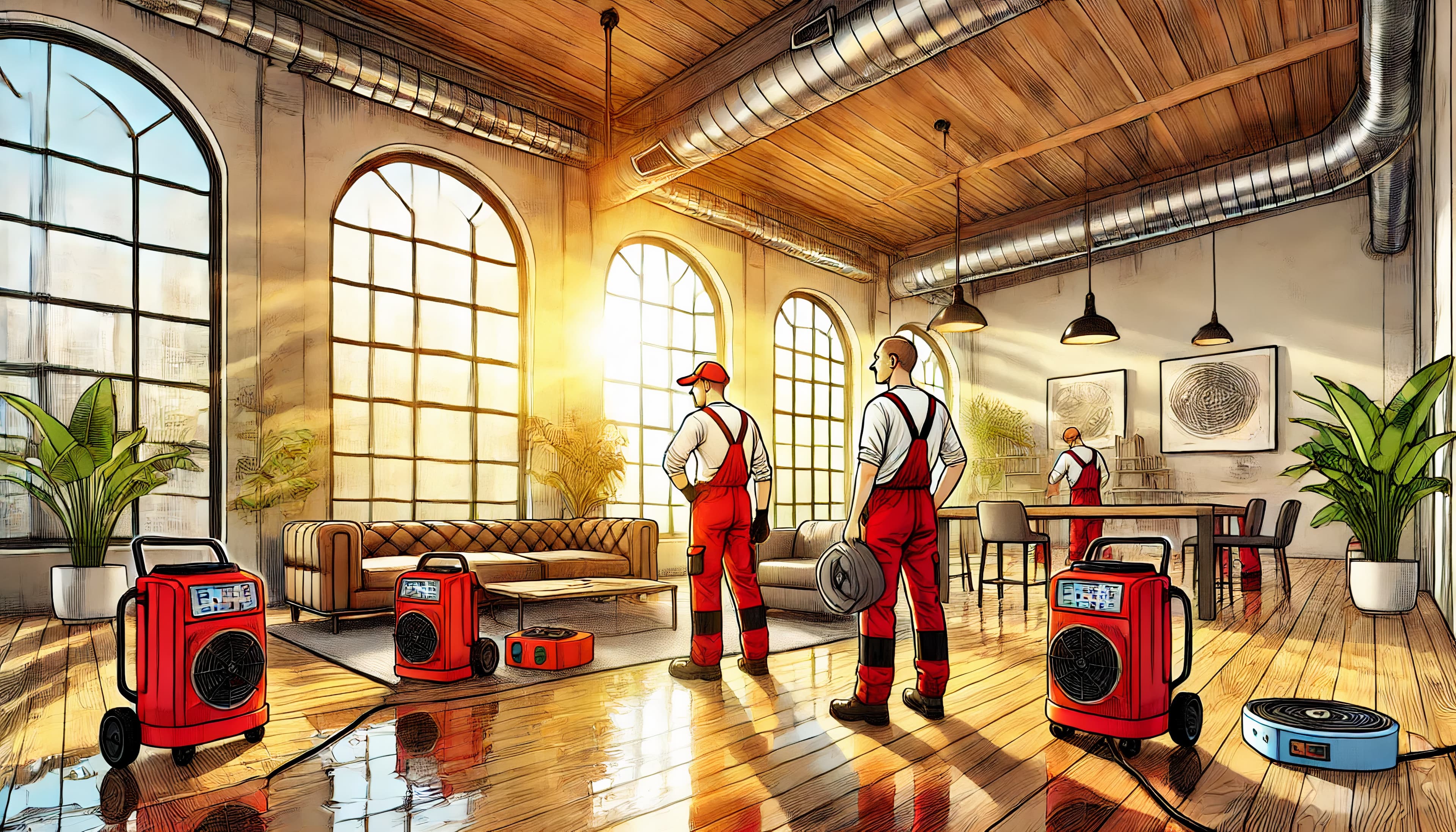Basement flood drying with commercial dehumidifiers